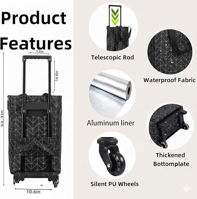 2-in-1 Foldable Shopping Bag with Wheels, Foldable Shopping Cart with Telescopic Handle, Reusable Eco-Friendly Shopping Bag for Women & Senior(Black Checkered Pattern)