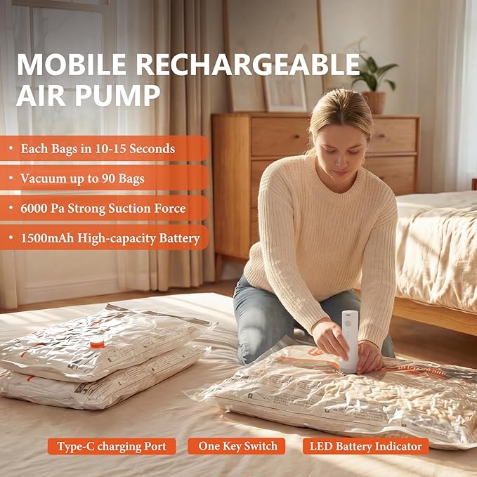 NESCCI Vacuum Bags for Travel with Rechargeable Air Pump,Carry-on Size Compression Packing Bags for Luggage and Suitcase,Spac