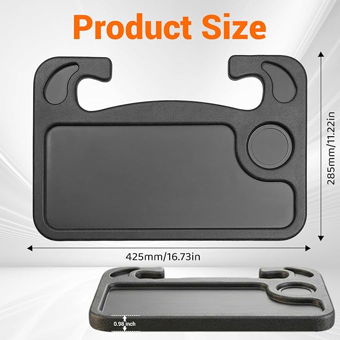 Car Steering Wheel Desk for Laptop and Eating – Multipurpose Rolling Tray Table, Portable Car Accessories for Travel, Work & Food, Universal Steering Wheel Under Table Console (Black)