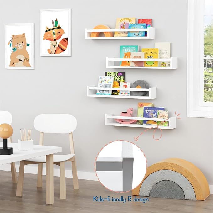 Forbena 24 Inch Wall Bookshelf for Kids Bedroom Set of 4, White Floating Nursery Book Shelves for Baby Toddler Children Girls