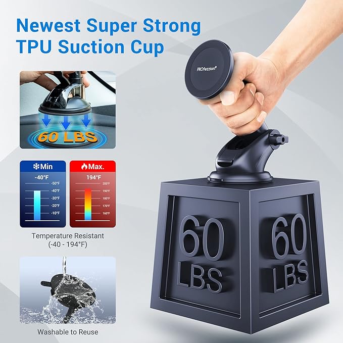 PROfezzion Suction Cup & Vent Clip Combo Magnetic Phone Holder Compatible with MagSafe on Car Dash, Windshield or Vent for iPhone 17 16 15 14 13 Pro Max, Mag-Safe Case & All Phones [Telescopic Arm]