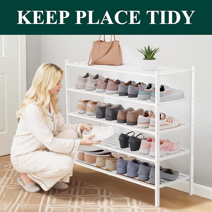 Smiry Long Bamboo Shoe Rack 5-Tier, Stackable Wooden Shoe Organizer for Entryway & Closet, Free Standing Wood Shoe Storage Sh