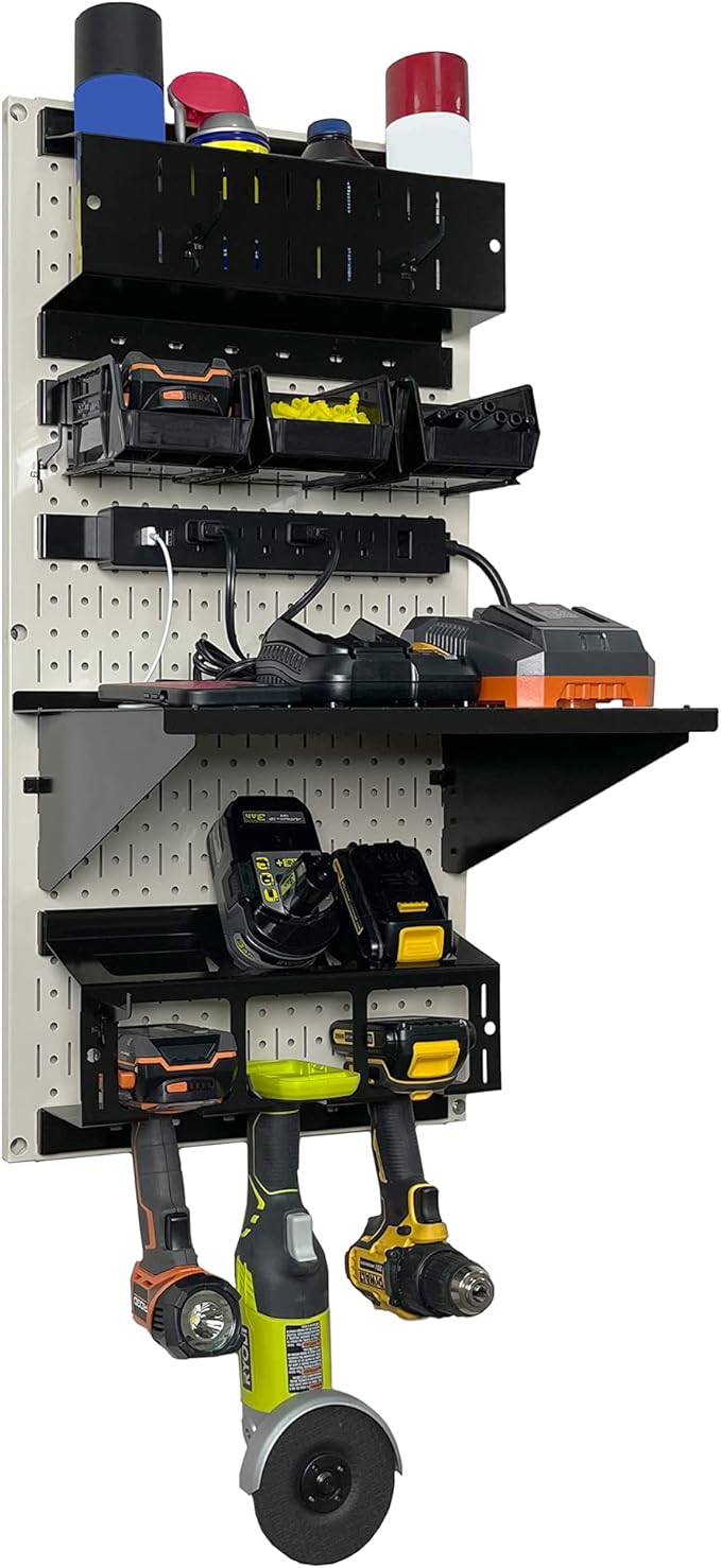 Wall Control Power Tool Storage Organizer Kit Cordless Drill Holder Charging Station Rack 16” x 32” Metal Pegboard Organizati