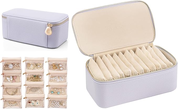 VLANDO Travel Jewelry Box Organizer – Portable PU Leather Jewelry Case with 6/8/12 Zippered Pouches, Compact Storage for Earr