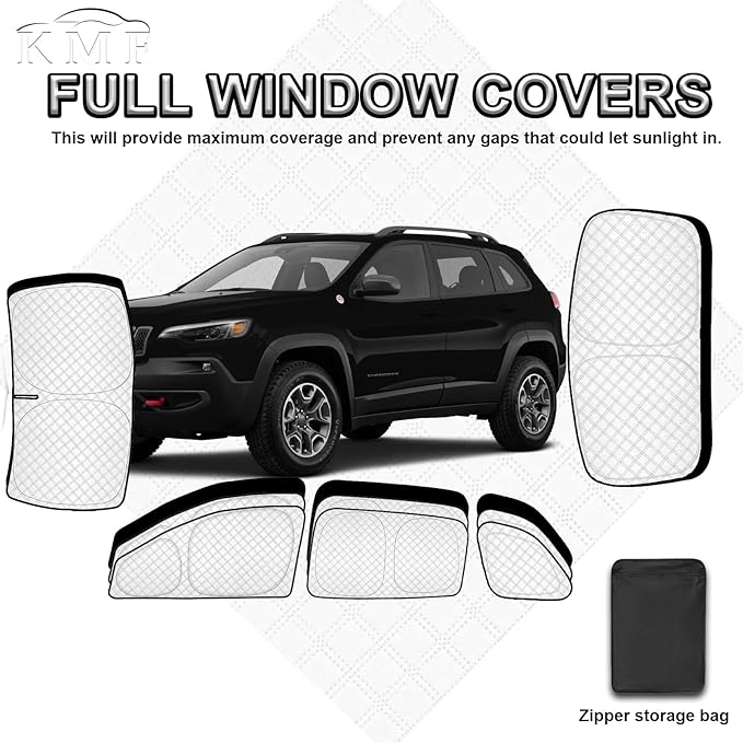 KMF 8pcs Thicken Sun Shades for Jeep Cherokee SUV Accessories 2014-2023(NOT Grand Cherokee),Full Car Window Covers for Windshield Side Rear, UV Block and Privacy Blackout for Camping