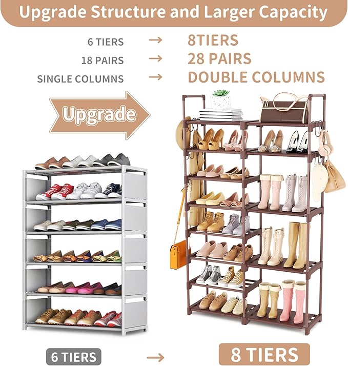 ROJASOP Shoe Rack Organizer, 8-Tier Metal Shoe Rack for Closet Entryway Garage, 26-32 Pairs Tall Shoe Boot Storage Shelf with
