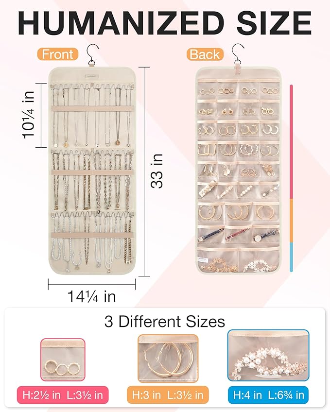 BAGSMART Hanging Jewelry Organizer Storage Roll with Hanger Metal Hooks Double-Sided Jewelry Holder for Earrings, Necklaces, 