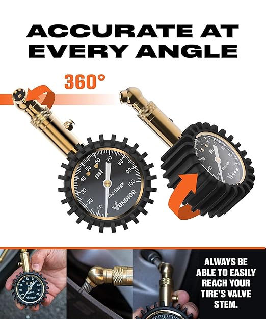Vondior Tire Pressure Gauge (0-100 PSI) Certified ANSI Accurate with Large 2 Inch Easy to Read Glow Dial, Low - High Air Pressure Gauge. Tire Gauge for Car and Trucks Tires