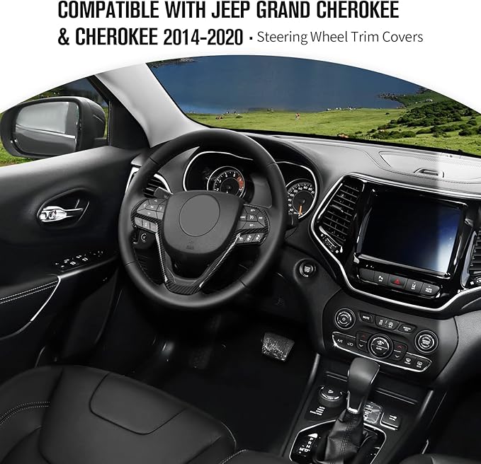 JeCar Steering Wheel Trim Cover Interior Decoration Trim Kit for 2014-2020 Jeep Grand Cherokee & Jeep Cherokee, Carbon Fiber Texture