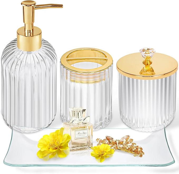 Gold Bathroom Accessories 4Pcs of Glass Bathroom Counter Organizer Set,Toothbrush Holders, Soap Dispenser, Apothecary Jar, Va