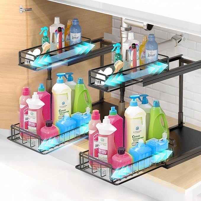 Under Kitchen Sink Pull Out Organizer, Pull Out Under Cabinet Organizer with 2 Tier for Kitchen Bathroom, Home Kitchen Storag