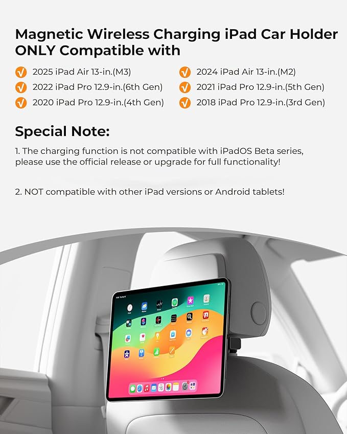 KUXIU Magnetic Wireless Charging Car Headrest Holder for iPad Pro 12.9/Air 13 M2/M3, Adjustable Long Arm Tablet Mount Back Seat for Kids, Road Trip Essentials Stand for iPad Pro 12.9'' 3rd/4th/5th/6th