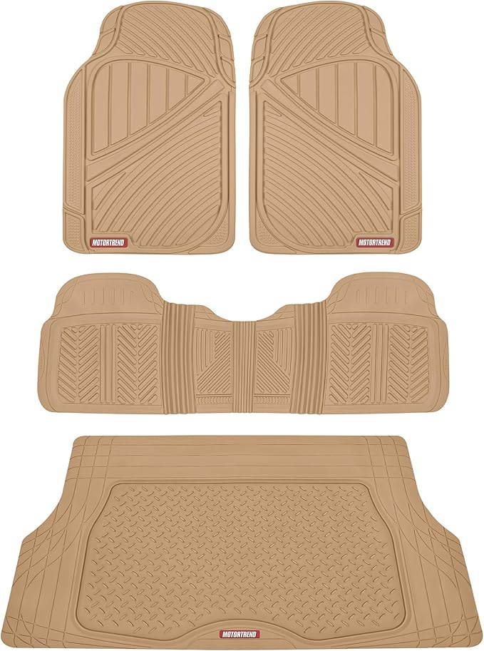 Motor Trend FlexTough Performance All Weather Rubber Car Floor Mats with Cargo Liner - Full Set Front & Rear Floor Mats for Cars Truck SUV, Automotive Floor Mats (Beige)
