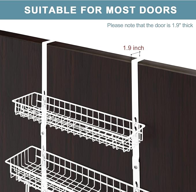 Over The Door Hanger Organizer with 2 Mesh Baskets & 5 Towel Hooks, Detachable Behind The Door Storage Towel Rack for Coats, 