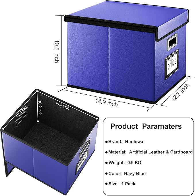 Huolewa File Organizer Box with Lid, Collapsible Leather File Folder Organizer for Office Document Storage, Filing Box with P