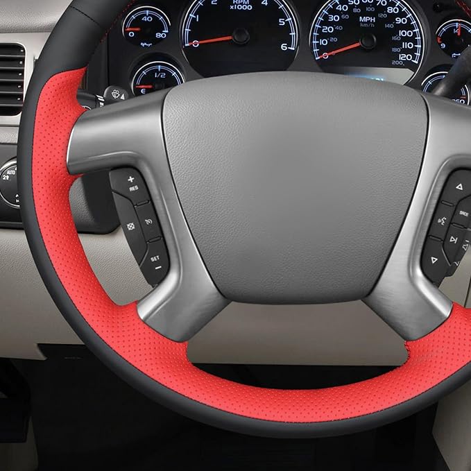 MEWANT Hand Stitch Steering Wheel Cover for Chevy Silverado 1500 Avalanche Suburban Black Red Faux Leather Steering Wrap