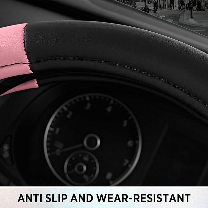 Road Comfort Leather Steering Wheel Cover – Premium Anti-Slip Car Steering Wheel Grip Cover – Universal Fit for 14.5”–15.5” C