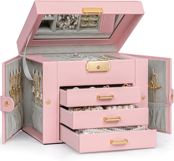 TORIBIO Jewelry Box for Women, Leather Jewelry Organizer with Mirror & Lock, 4-Tier Jewelry Storage Organizer with 3 Drawers 