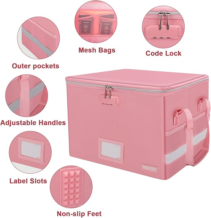 ENGPOW File Box with Lock, Fireproof Document Box with Pockets, Collapsible File Organizer Filing Storage Cabinet with Handle