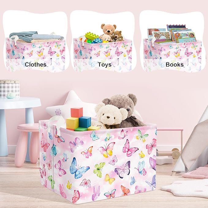 Clastyle 36L Pink Dreamy Butterfly Kid Storage Basket Collapsible Rectangle Clothes Toy Nursery Bin Book Shelf Basket