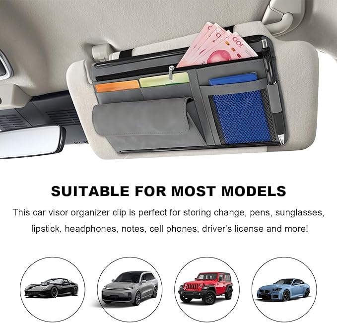 Car Sun Visor Organizer, Leather Sun Visor Pocket Organizer Case with Multi-Pocket Net Zipper, Suede Note Holder Car Visor Storage Pouch for Card Pen Sunglasses Document (Gray)