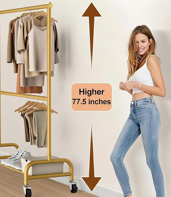 MISSLO Gold Clothing Racks for Hanging Clothes Heavy Duty Clothes Rack Double Garment Rack Metal Rolling Coat Rack Closet War