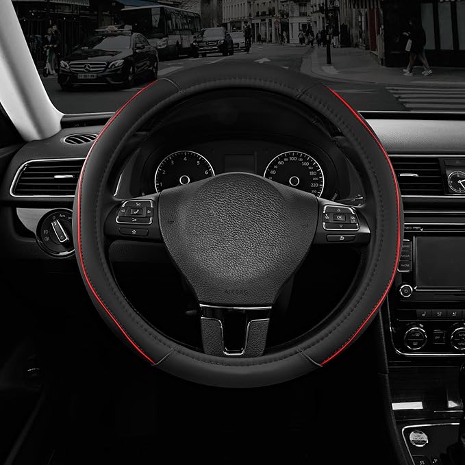 Road Comforts Leather Steering Wheel Cover with Decorative Trim and Piping, Anti-Slip Breathable Design, Fits 14.5–15 Inch Ro