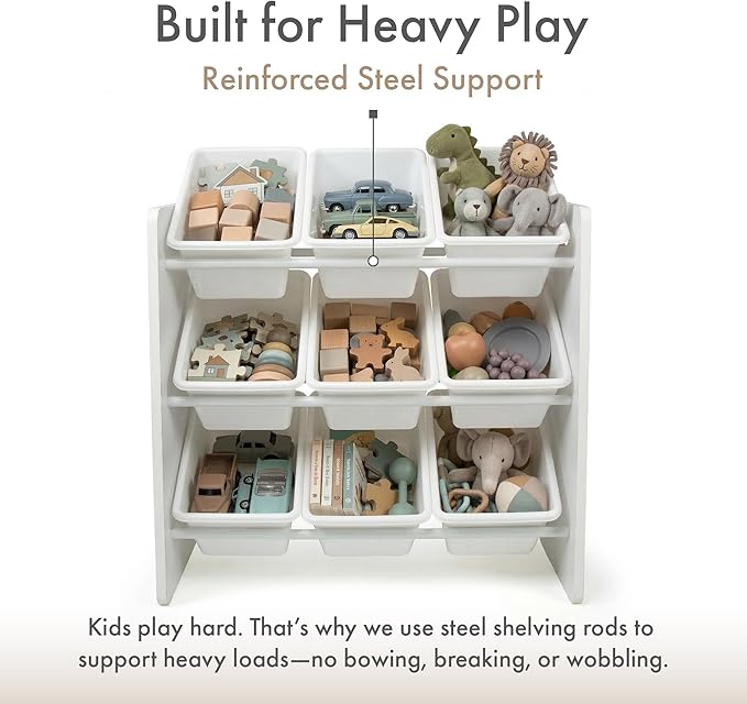 Humble Crew 9-Bin Toy Organizer – Cambridge White Plastic Bins, 3-Tier Storage Solution for Kids' Playrooms and Nurseries