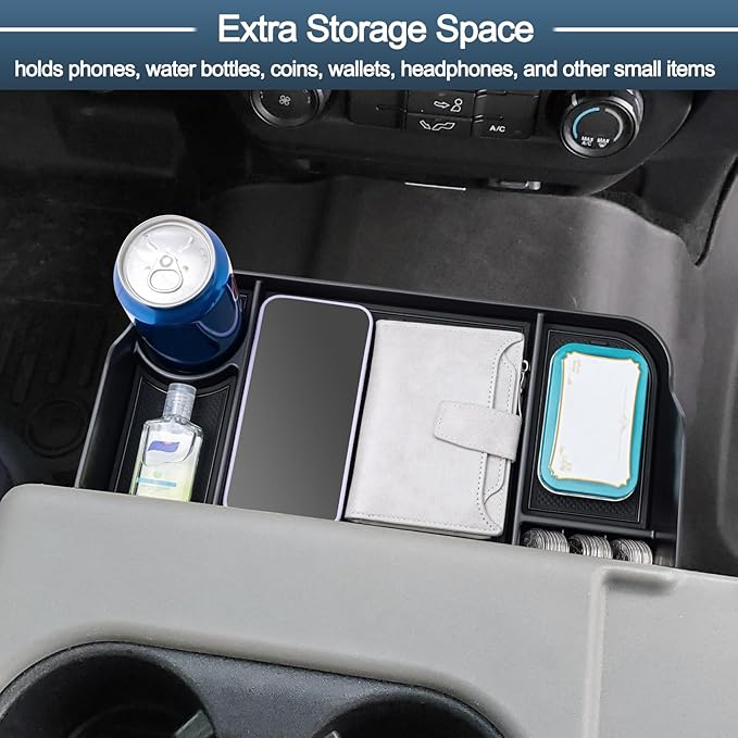 JDMCAR Upgrade Front Center Seat Headrest Organizer Compatible with 2011-2025 2026 Ford F150 F250 F350 F450 F550 F650 Accessories, Coin Container Storage Box with Non-Slip Silicone Mat(Jump Seat Only)