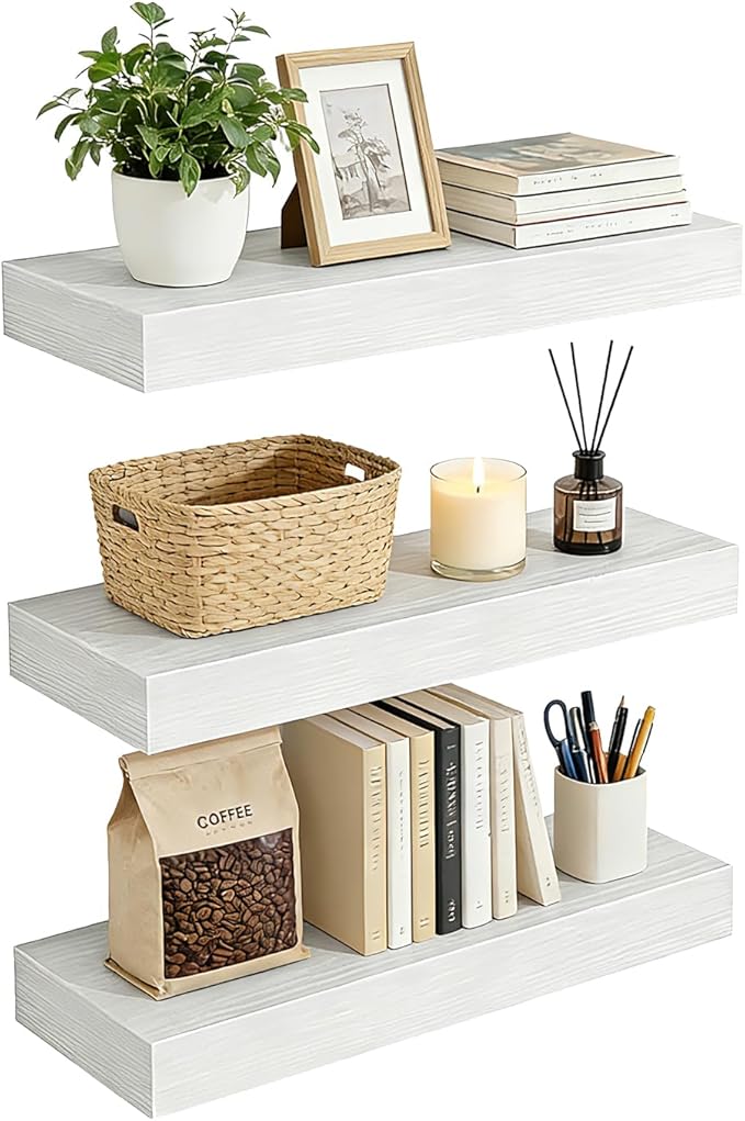Set of 3 Farmhouse Solid Wood Floating Shelves 15.7 inch White Wall Mounted Storage Shelves for Bathroom Over Toilet, Bedroom