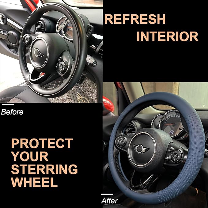 PINCTROT Nappa Leather Steering Wheel Cover, Slim Fit No Bulk Design, One Piece Leather with Breathable Perforation, Fit Like