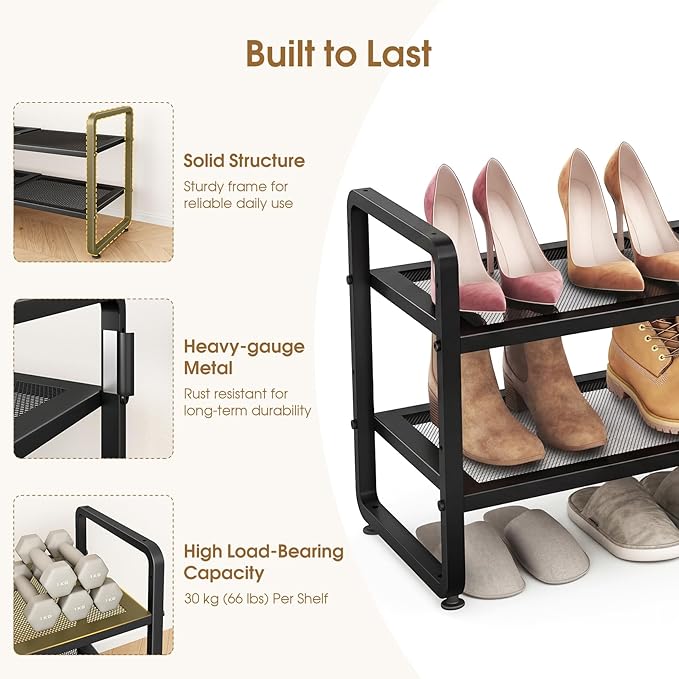 SAYZH Expandable Shoe Rack for Closet, Adjustable Metal Shoe Organizer with Sturdy Mesh Shelves for Boots & Heels, Stackable 