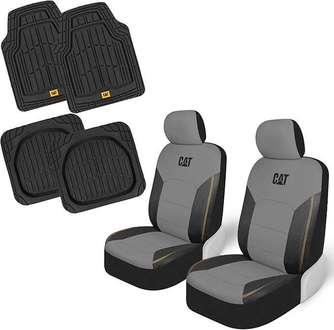 CAT PU Leather Seat Covers for Cars – (2) Front Seat Covers with (4) All-Weather Heavy-Duty Floor Mats for Trucks, Cars, & SU