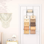 SWTYMIKI Over The Door Purse Organizer - Wall Mounted Handbag Organizer with 10 Hooks and Metal Basket, Hanging Purse Storage