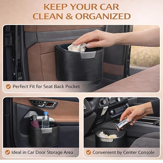 2PC Car Trash Can Leakproof Garbage Can for Car Hanging Back Seat PU Leather Vehicle Trash Bin Removable Liner for Travel Road Trip