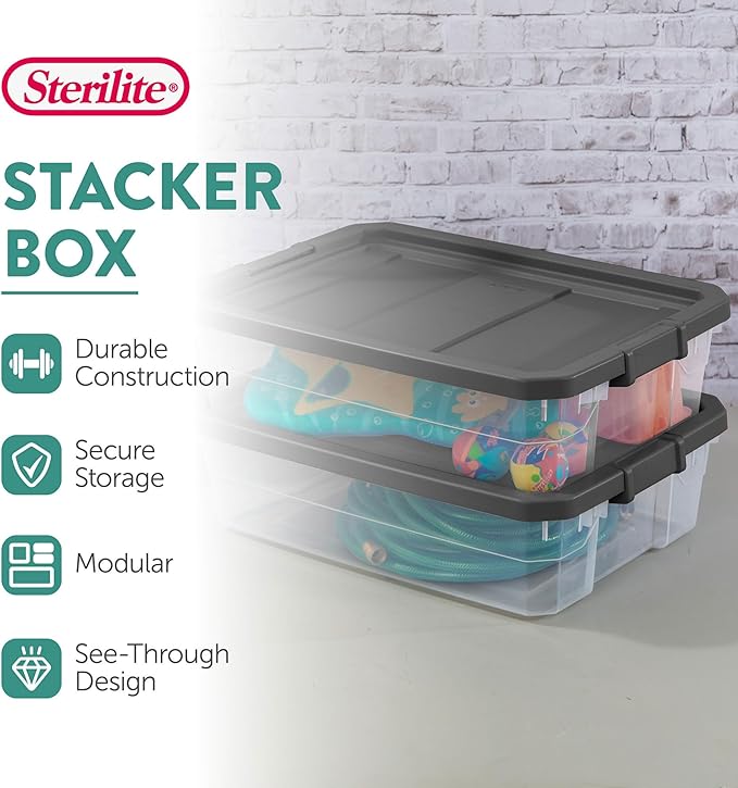 Sterilite 6-Pack Modular Stacker Box, Durable Clear Plastic Storage Bins with Latching Lids, 40 Quart - Stackable Organizing 