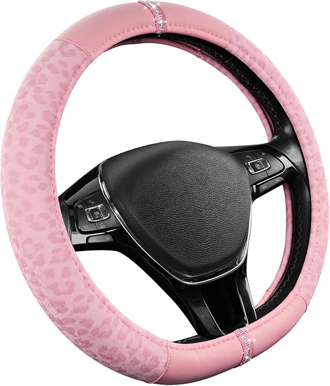 Road Comforts Leopard Steering Wheel Cover for Women, Cute Anti-Slip Microfiber Leather, Fits D Shape Flat Bottom Steering Wh