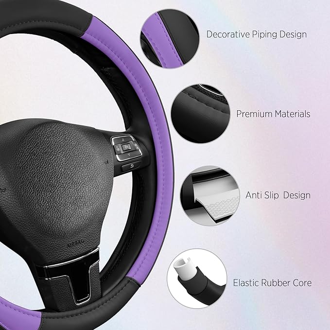 Road Comforts Leather Steering Wheel Cover with Decorative Trim and Piping, Anti-Slip Breathable Design, Fits 14.5–15 Inch Ro