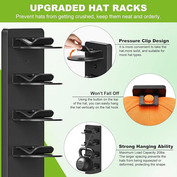 Haiou Hat Rack Hat Organizer for Baseball Caps Wall Mounted Hat Hanger Strong Adhesive Hat Hooks Hold up to 16 Hats for Home 