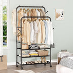 Furologee Clothes Racks for Hanging Clothes, Double Rods Clothing Rack with 3-Tier Storage Shelves, Rolling Garment Wardrobe 