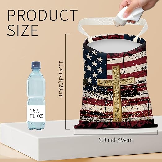 Hanging Car Garbage Bag, Cute Car Trash Can Bag, Automotive Accessories for Women Men American Flag Cross Print