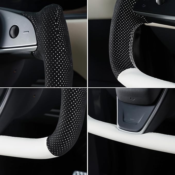 MEWANT Hand Stitched White Leather Steering Wheel Cover Wrap for Tesla Model S 2021-2023 / Model X 2021-2023 Steering Wheel Accessories