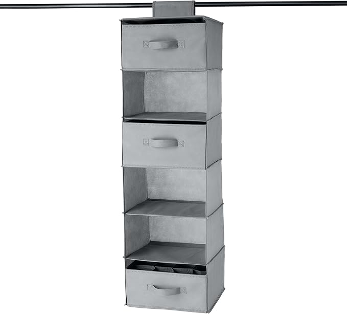 Amazon Basics 6-Tier Hanging Closet Organizer with Removable Drawers for Sweaters, 6.9"D x 13.6"W x 12.2"H, Grey