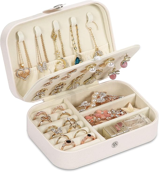Travel Jewelry Box, PU leather Small Jewelry Organizer For Female Girls, double layer portable mini travel case for storing e