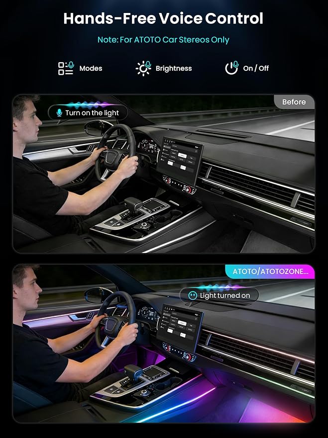 Car LED Lights Interior, 16M Colors APP & CarPlay Control, Music Sync Ambient Lighting Kit, Auto-On/Off，Voltage Protection, Brightness Dimmer 12V DC LED Strip Lights for Car, Truck, SUV
