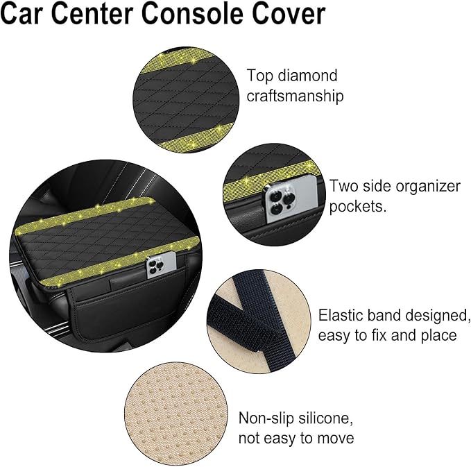 NBTEPEM Bling Car Center Console Cover, Leather Car Arm Rest Cover Cushion with 2 Storage Bags, Universal Auto Armrest Protector Storage Box, Bling Accessories Interior for Most Vehicles (Yellow)