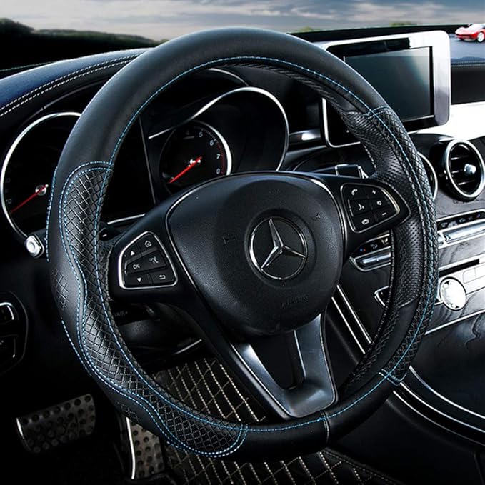 Red Rain Black and Blue Leather Steering Wheel Cover Cowhide Car Steering Wheel Cover Universal Size M / 15inch Fit Car/Auto/SUV (A-Black+Blue-M)