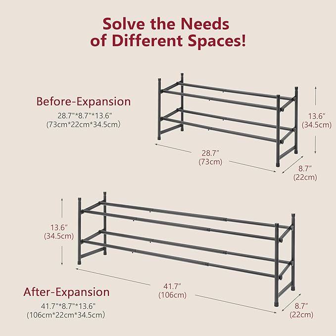 Tajsoon Expandable Shoe Rack for Closet 2 Tier, 28“-41“ Adjustable & Stackable Shoe Shelf Storage, Metal Shoe Rack Organizer 