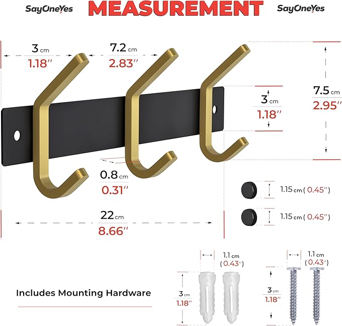 Small Coat Rack Wall Mount – Black and Gold Hook Rail with 3 Double Coat Hooks, 9 Inch Stainless Steel Wall Hooks for Entrywa