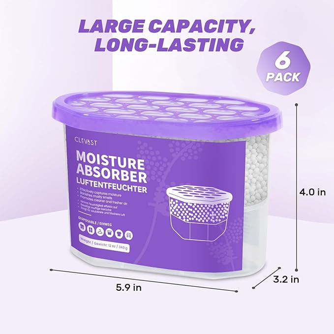 CLEVAST Moisture Absorber Boxes 6 Pack, 12 Oz Dehumidifier for Closet & Bathroom, Humidity Absorber for Wardrobe, Bedroom, RV